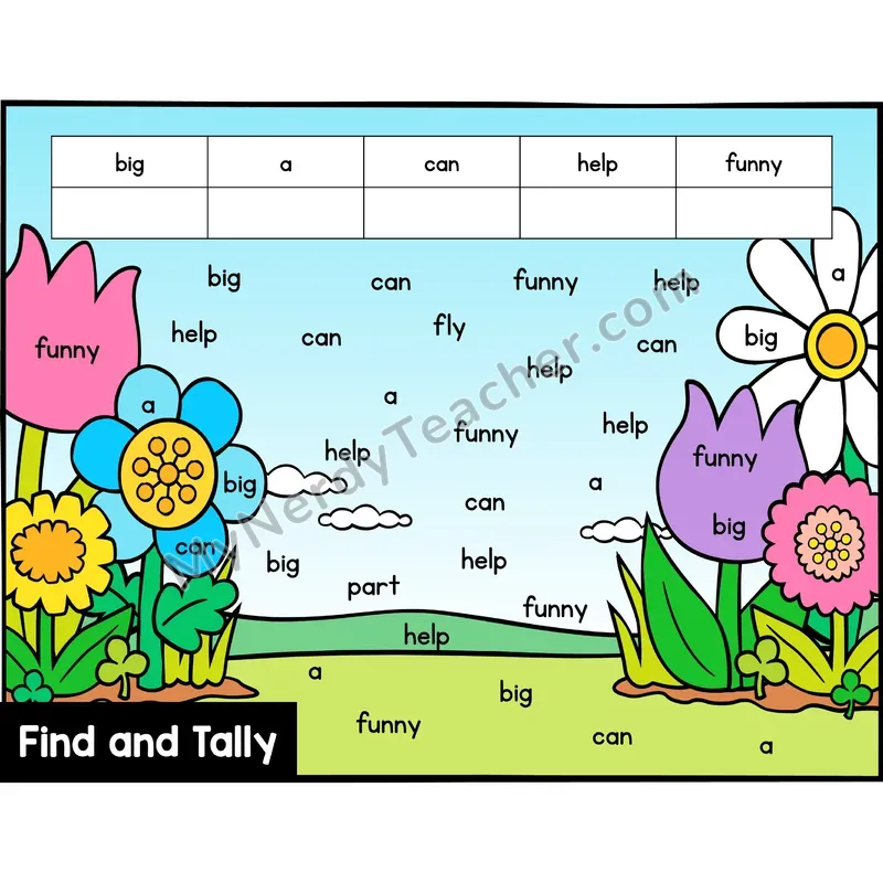 Find and Tally Sight Words — Preschool — Flowers - big, a, can, help, funny