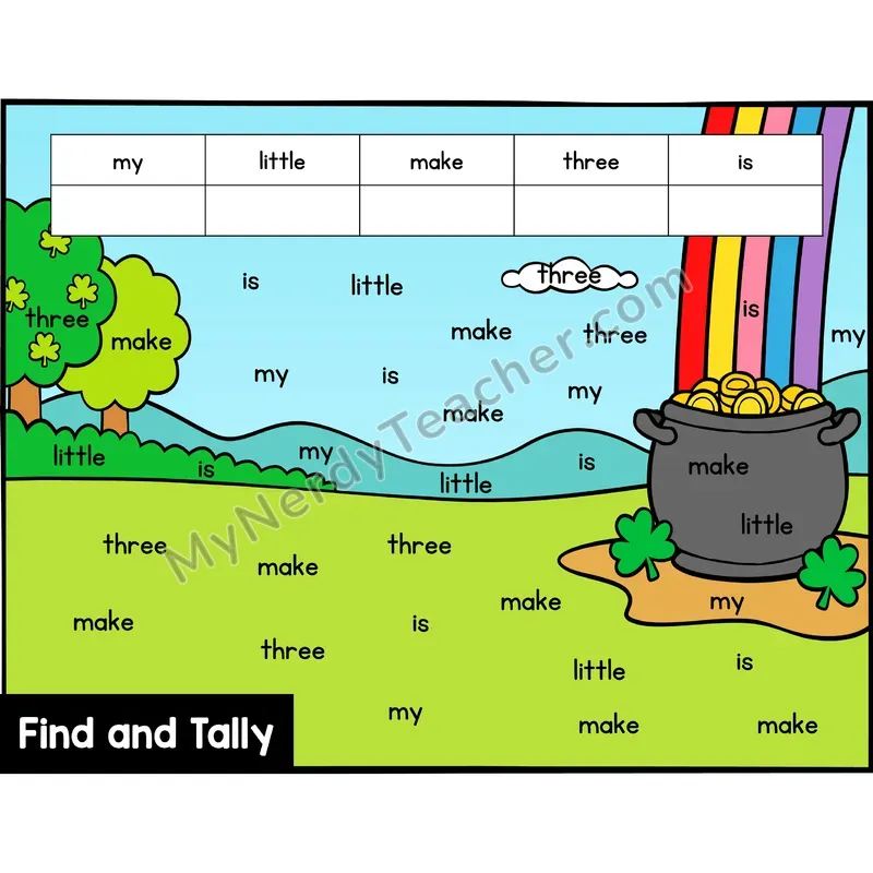 Find and Tally Sight Words — Preschool — St. Patrick's Day - my, little, make, three, is