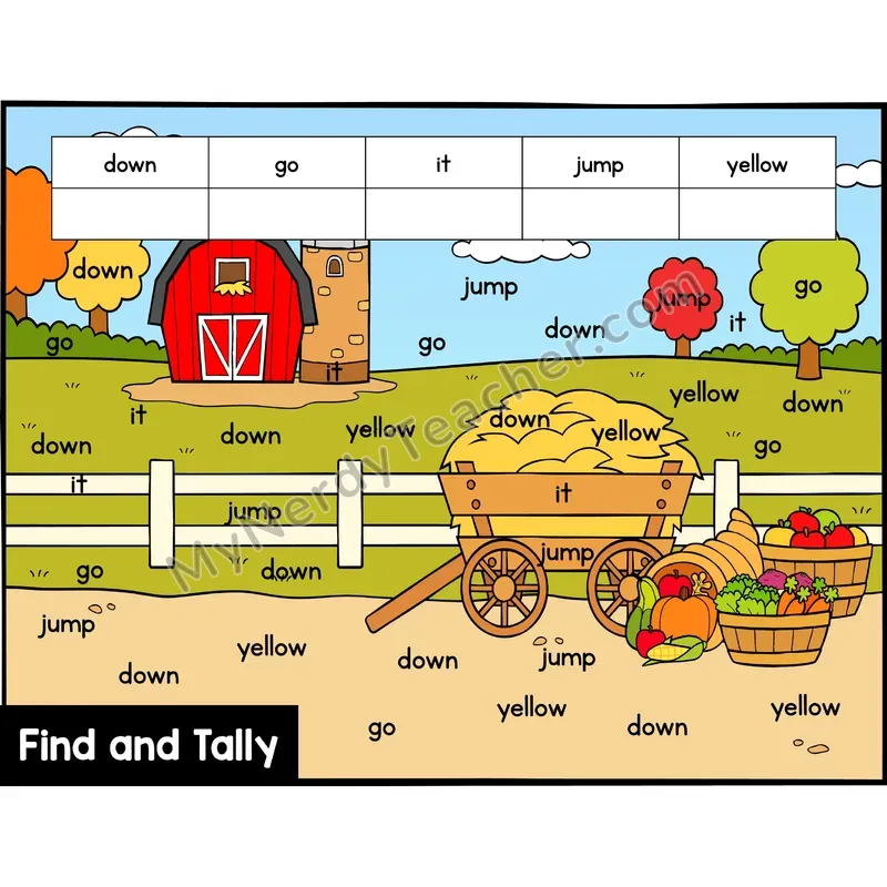Find and Tally Sight Words — Preschool — Farm - down, go, it, jump, yellow