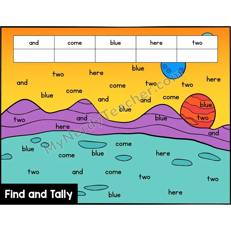 Find and Tally Sight Words — Preschool — Space - and, come, blue, here, two