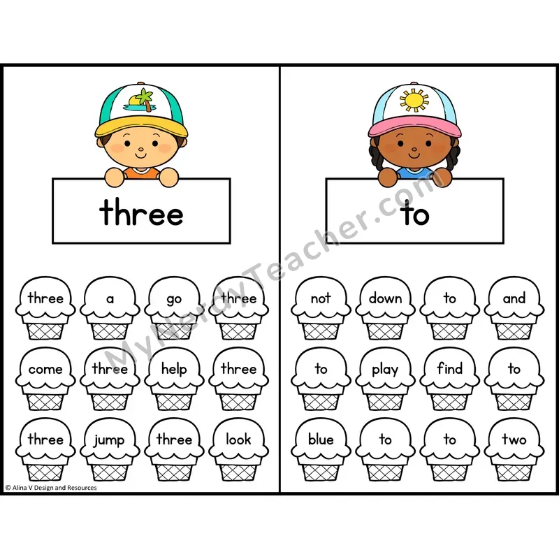 Find and Color Sight Words — Preschool — Ice Cream Theme - three, to