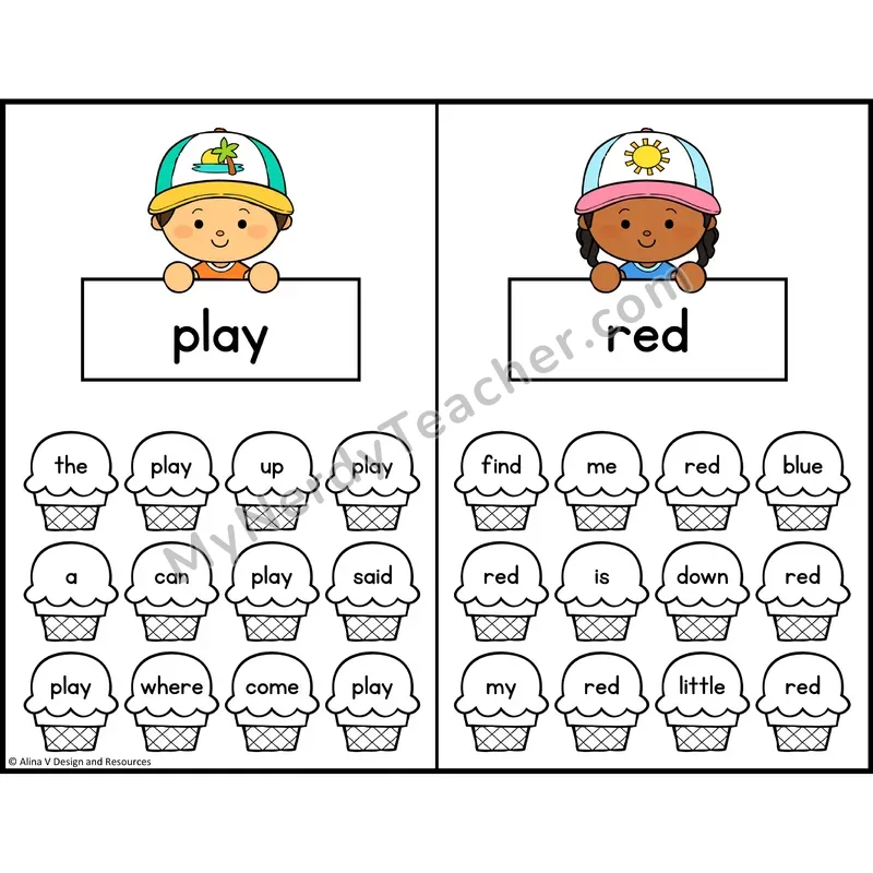 Find and Color Sight Words — Preschool — Ice Cream Theme - play, red
