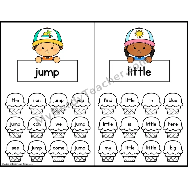 Find and Color Sight Words — Preschool — Ice Cream Theme - jump, little