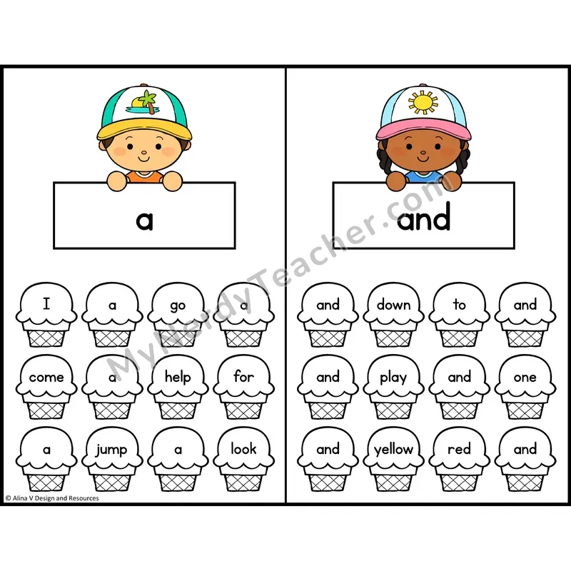 Find and Color Sight Words — Preschool — Ice Cream Theme - a, and
