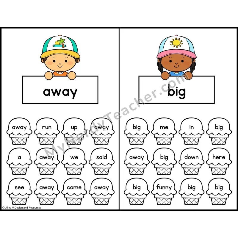 Find and Color Sight Words — Preschool — Ice Cream Theme - away, big