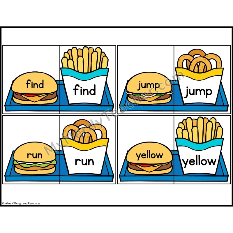 Sight Word Puzzles — Fast Food Theme — Preschool - find, jump, run, yellow