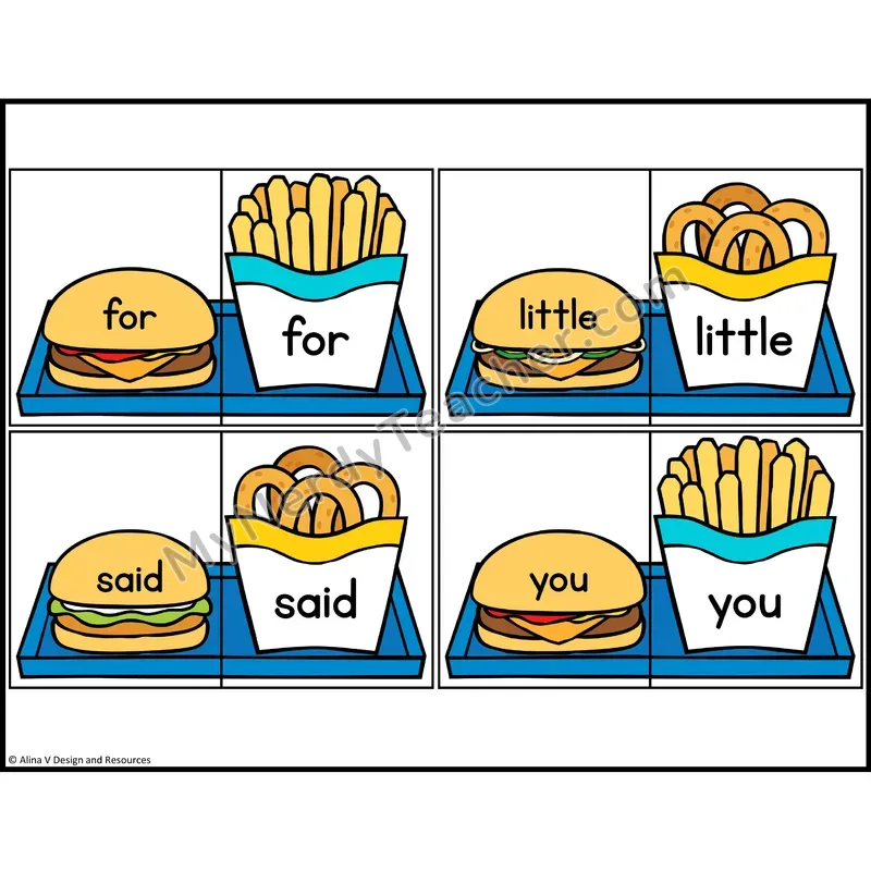 Sight Word Puzzles — Fast Food Theme — Preschool - for, little, said, you