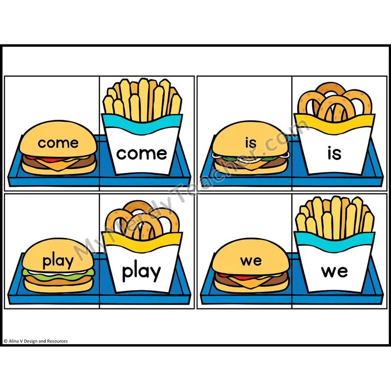 Sight Word Puzzles — Fast Food Theme — Preschool - come, is, play, we