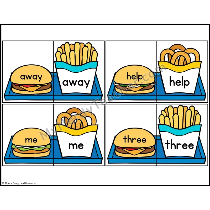 Sight Word Puzzles — Fast Food Theme — Preschool - away, help, me, three
