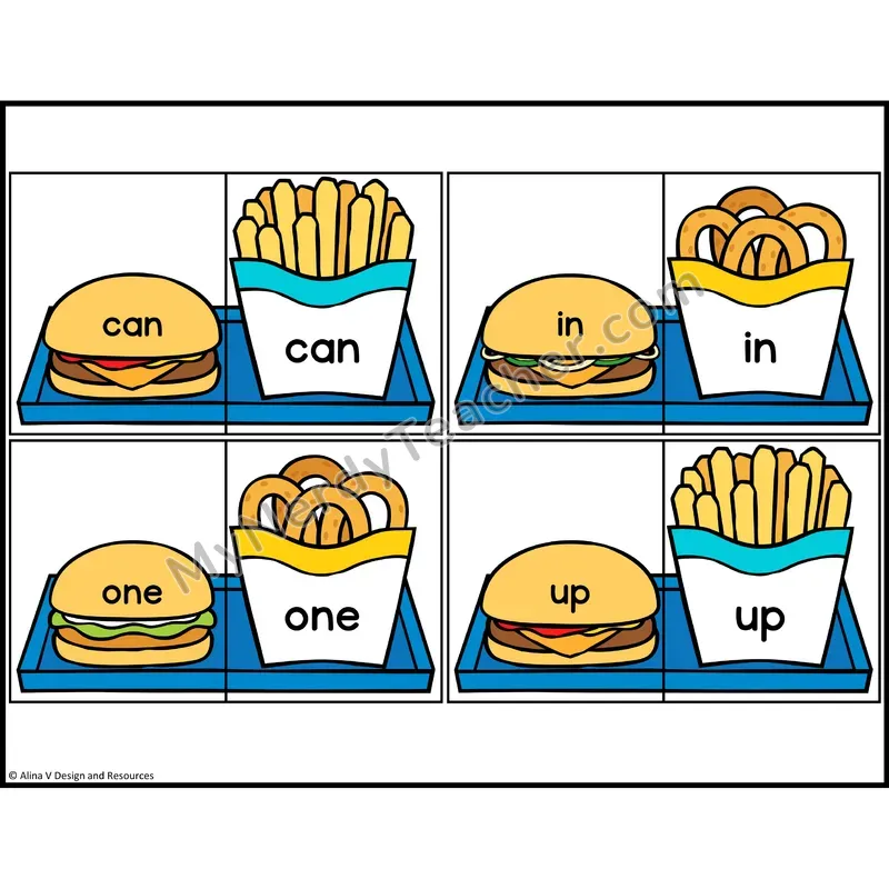 Sight Word Puzzles — Fast Food Theme — Preschool - can, in, one, up