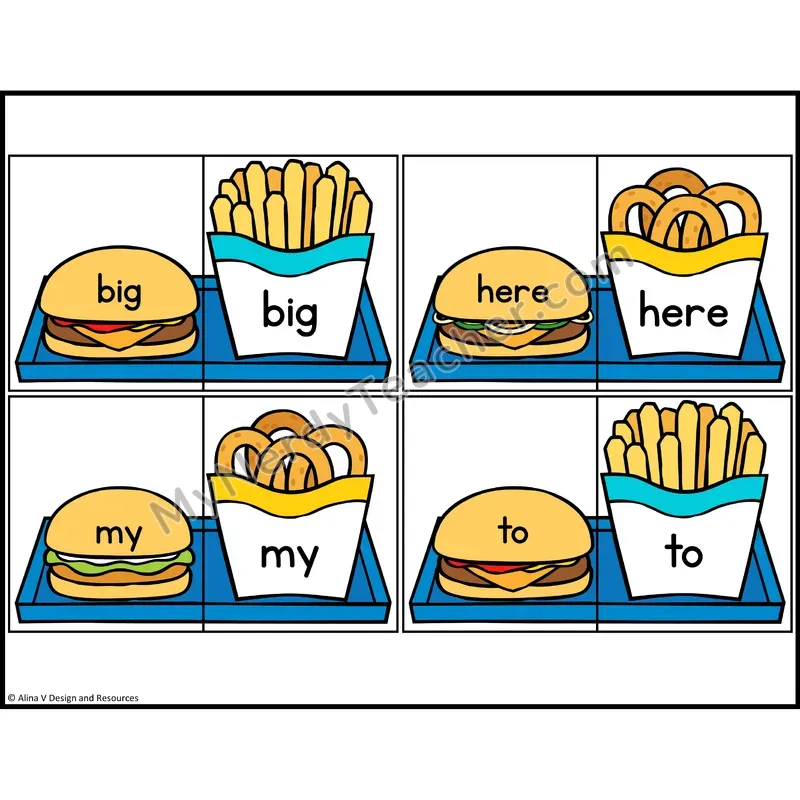 Sight Word Puzzles — Fast Food Theme — Preschool - big, here, my, to