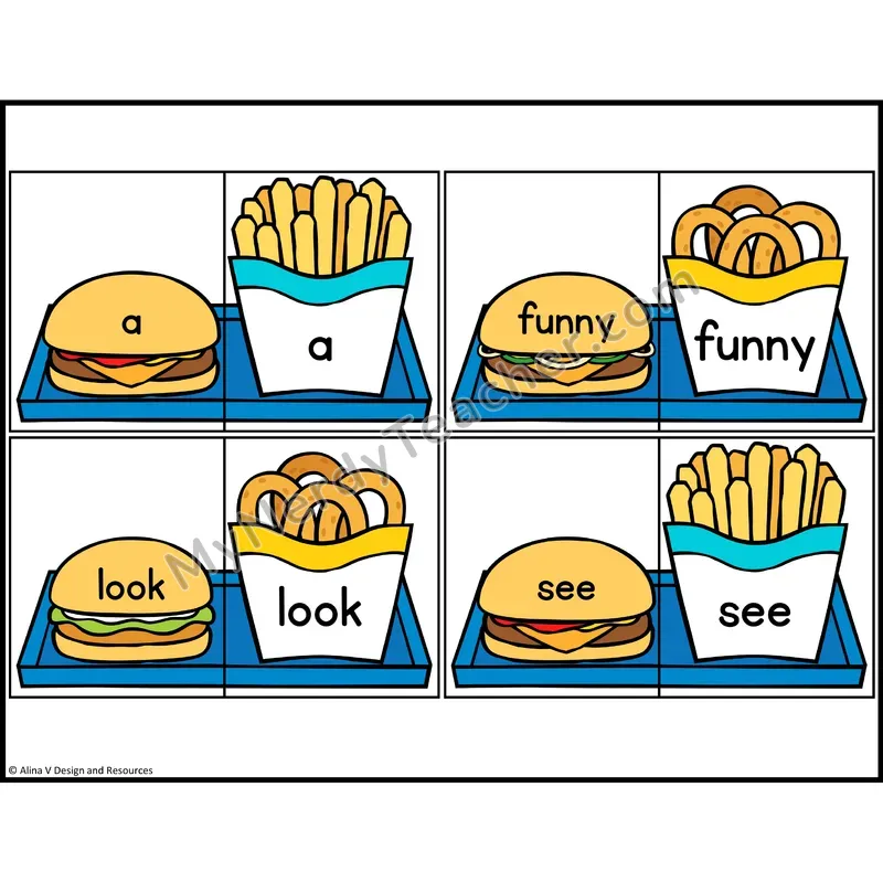 Sight Word Puzzles — Fast Food Theme — Preschool - a, funny, look, see