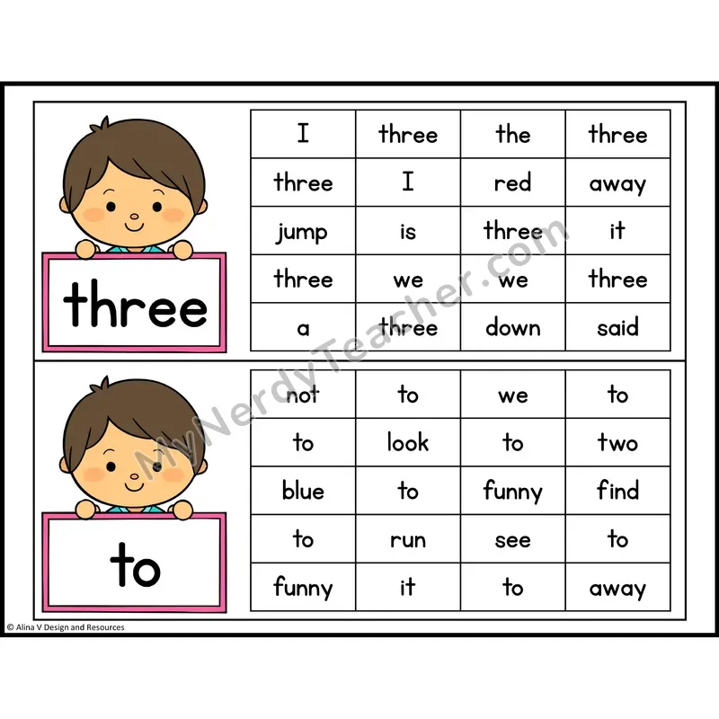 Read and Find Sight Words — Preschool - three, to