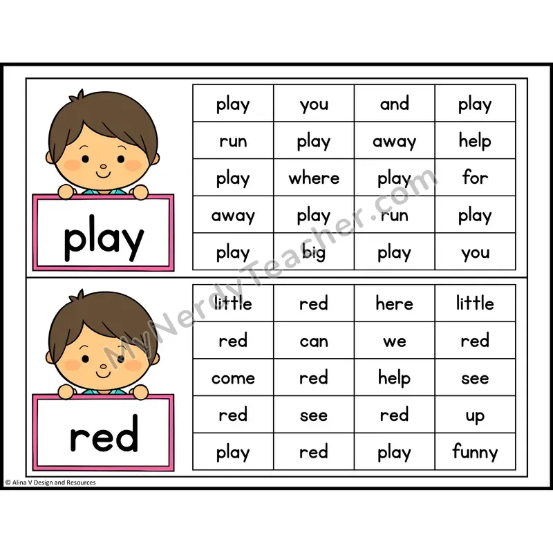 Read and Find Sight Words — Preschool - play, red