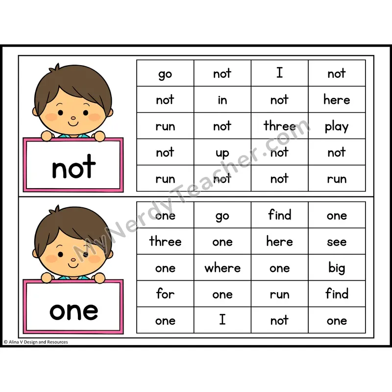 Read and Find Sight Words — Preschool - not, one