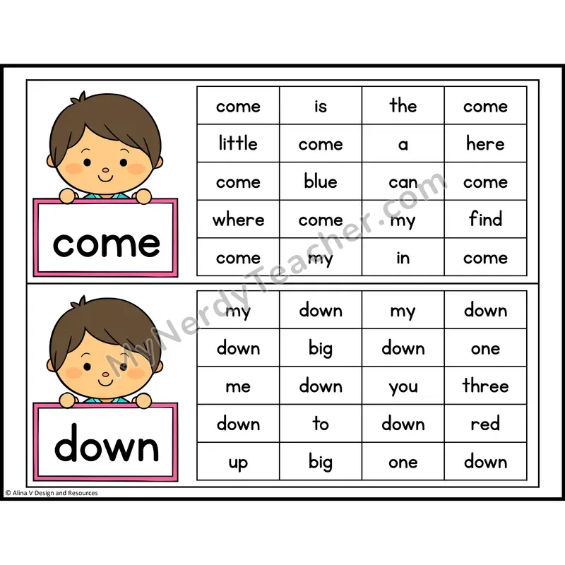 Read and Find Sight Words — Preschool - come, down