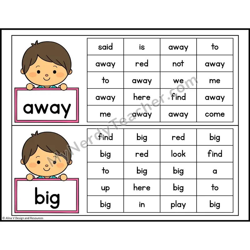 Read and Find Sight Words — Preschool - away, big