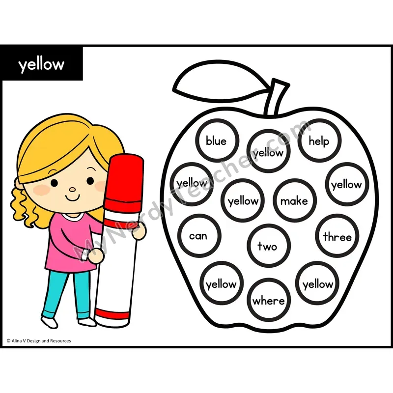 Sight Word Bingo Dab — Preschool - yellow