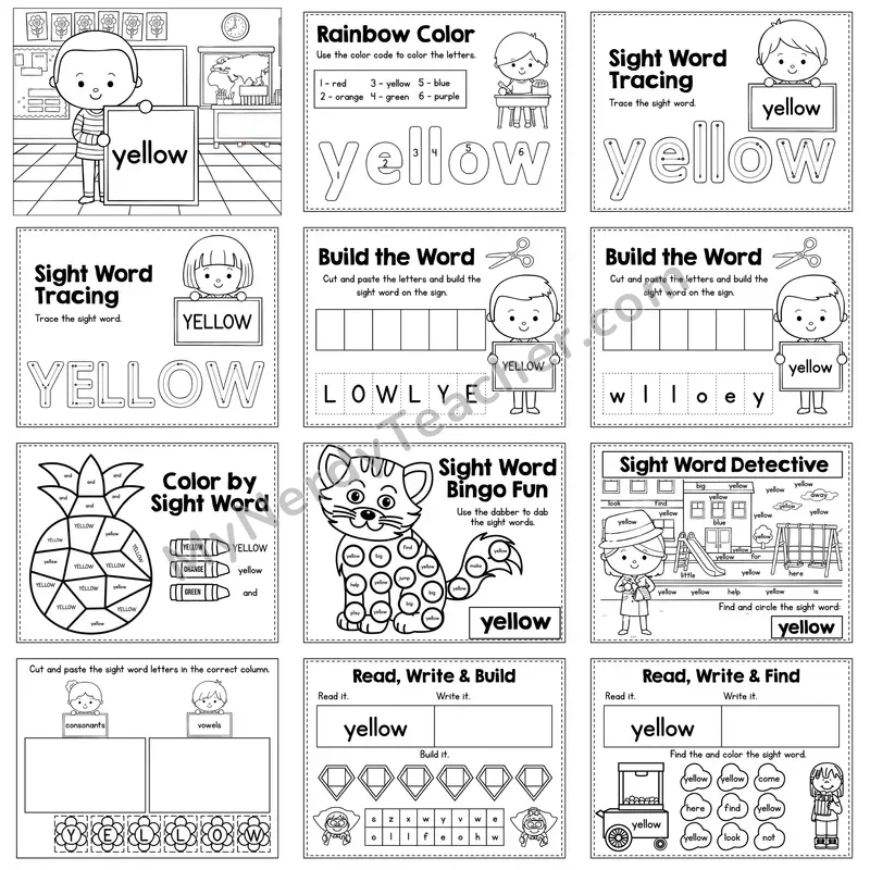 Sight Word Review Worksheet — yellow