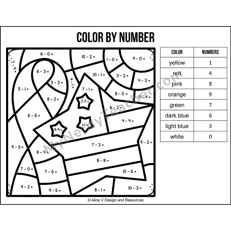 Subtraction Within 10 Color by Number — Veterans Day Mystery Picture 6