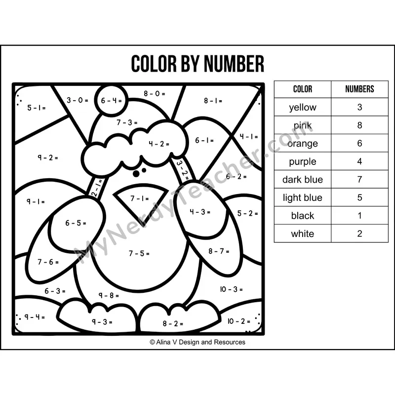Subtraction Within 10 Color by Number — Winter Mystery Picture 1