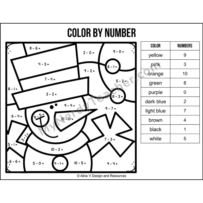Subtraction Within 10 Color by Number — Winter Mystery Picture 2