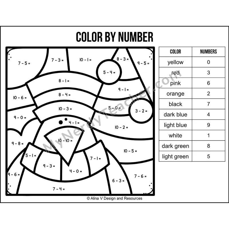 Subtraction Within 10 Color by Number — Winter Mystery Picture 4