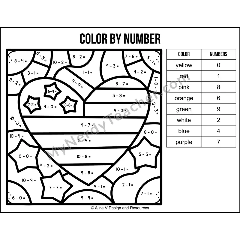 Subtraction Within 10 Color by Number — Veterans Day Mystery Picture 4