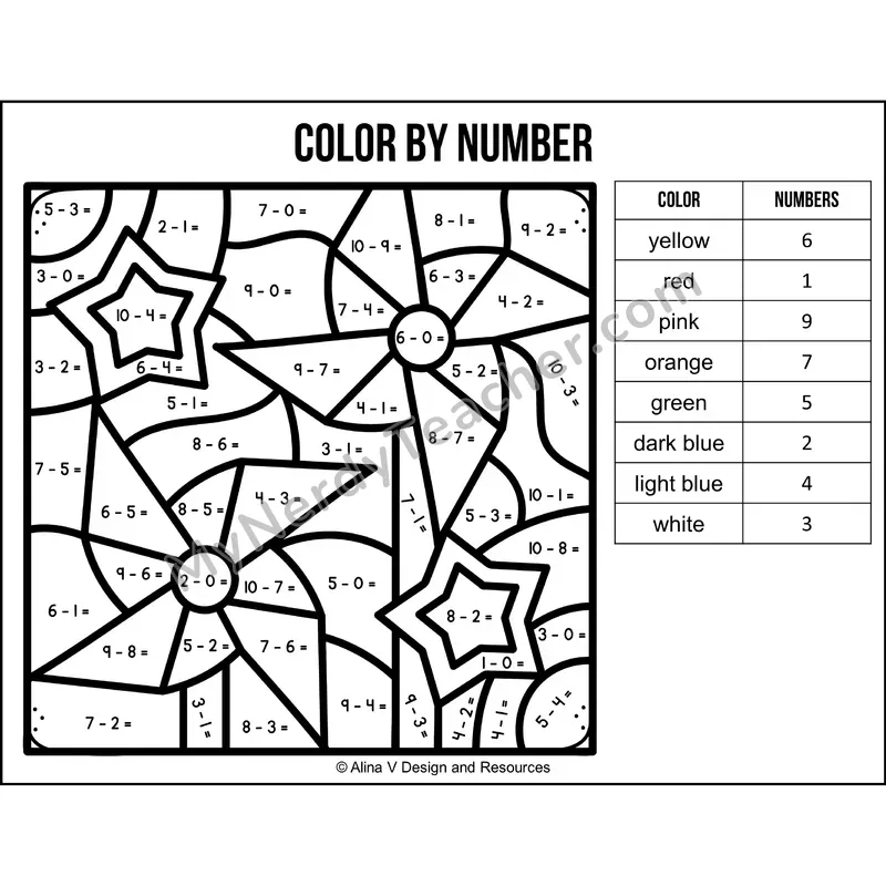Subtraction Within 10 Color by Number — Veterans Day Mystery Picture 2