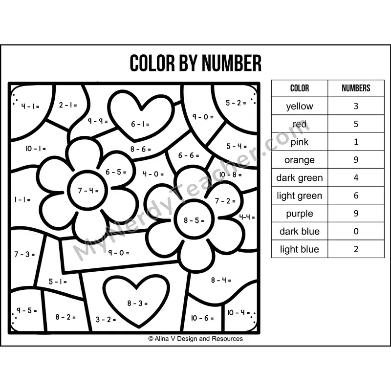 Subtraction Within 10 Color by Number — Valentines Day Mystery Picture 6