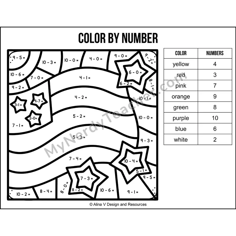 Subtraction Within 10 Color by Number — Veterans Day Mystery Picture 1