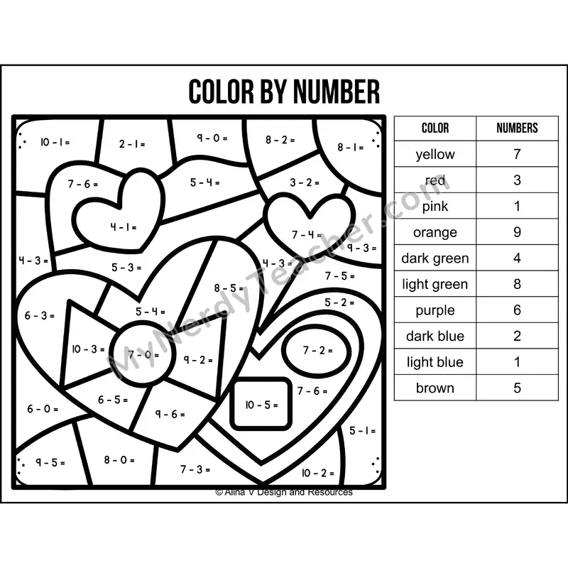Subtraction Within 10 Color by Number — Valentines Day Mystery Picture 3