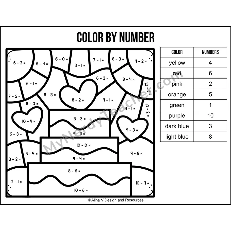 Subtraction Within 10 Color by Number — Valentines Day Mystery Picture 2