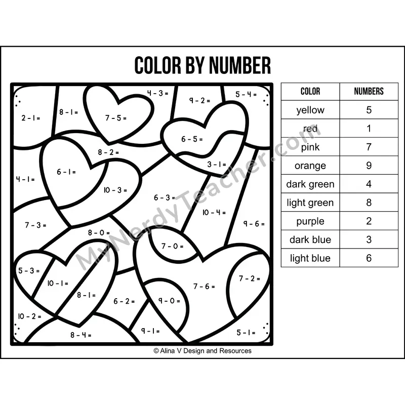 Subtraction Within 10 Color by Number — Valentines Day Mystery Picture 4