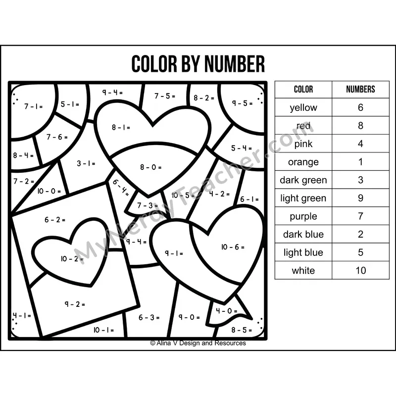 Subtraction Within 10 Color by Number — Valentines Day Mystery Picture 5