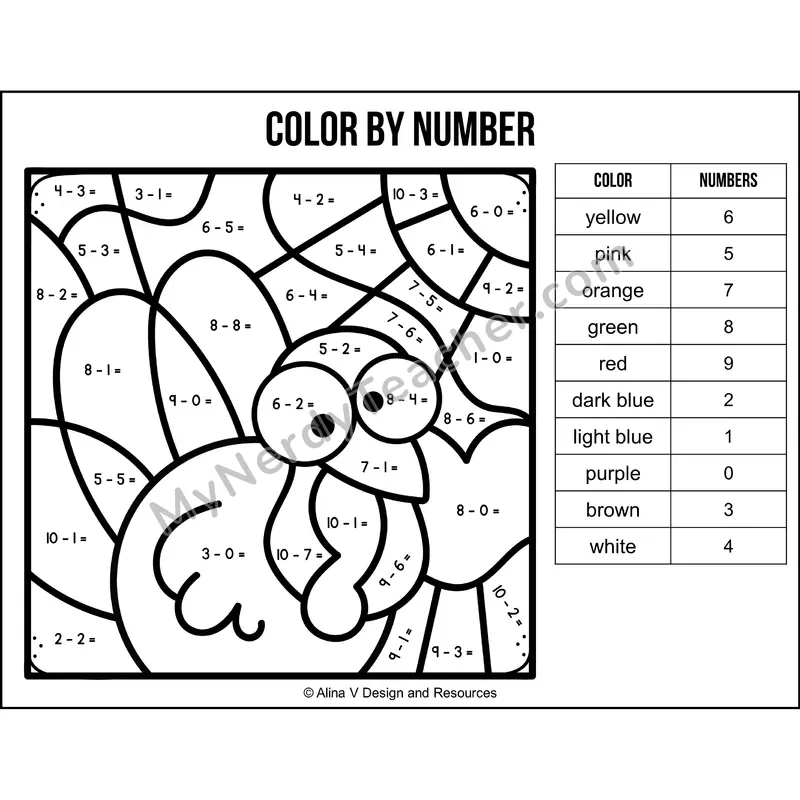 Subtraction Within 10 Color by Number — Thanksgiving Mystery Picture 3