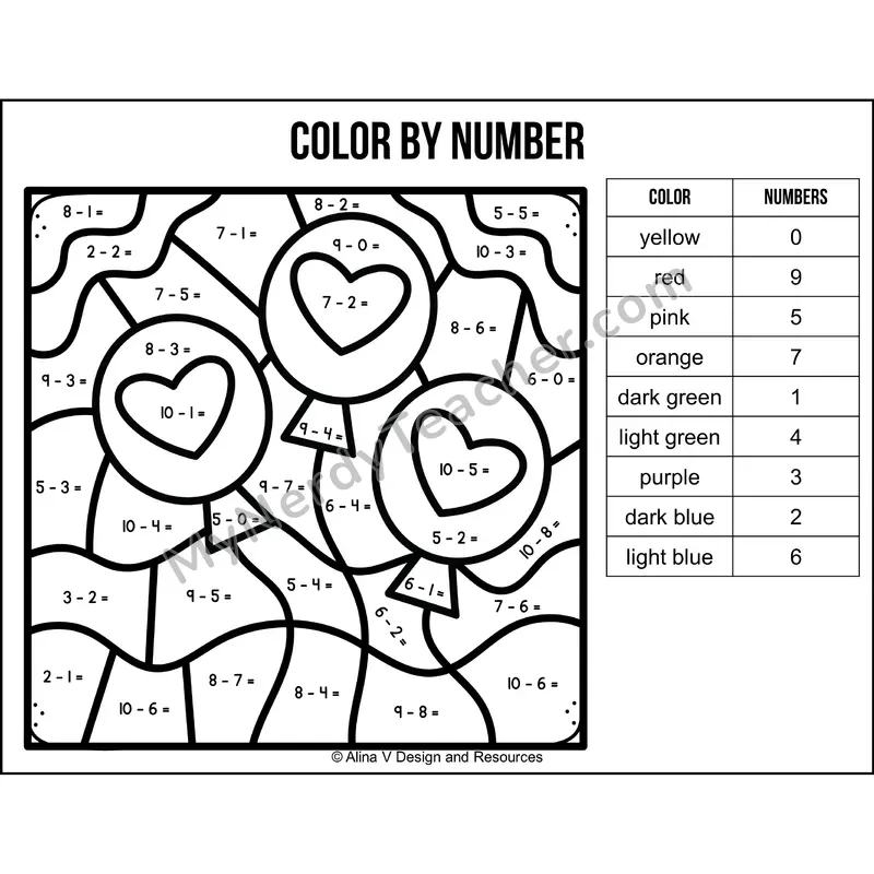 Subtraction Within 10 Color by Number — Valentines Day Mystery Picture 1