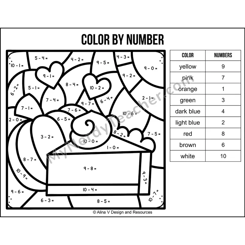 Subtraction Within 10 Color by Number — Thanksgiving Mystery Picture 4