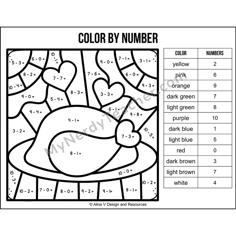 Subtraction Within 10 Color by Number — Thanksgiving Mystery Picture 6