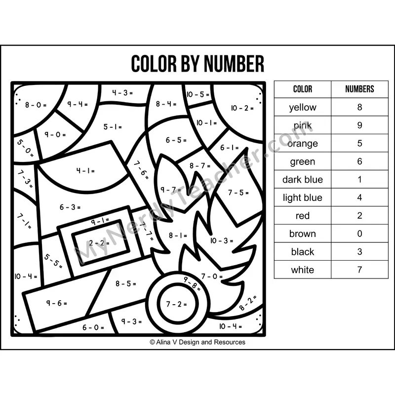Subtraction Within 10 Color by Number — Thanksgiving Mystery Picture 2
