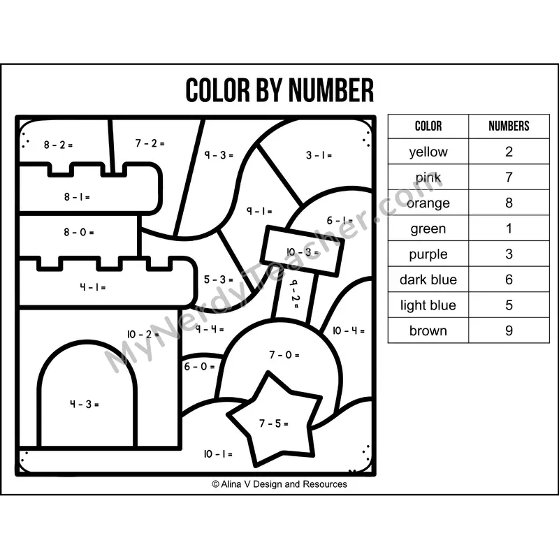 Subtraction Within 10 Color by Number — Summer Mystery Picture 6