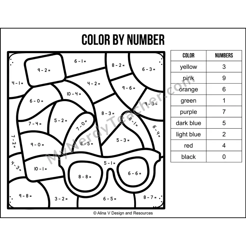 Subtraction Within 10 Color by Number — Summer Mystery Picture 5