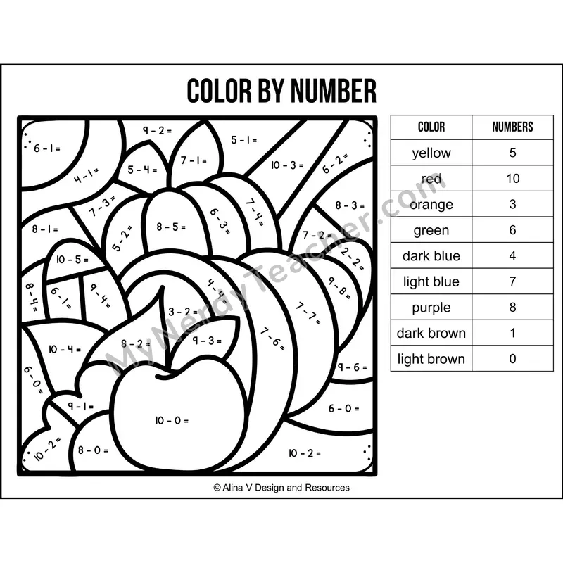 Subtraction Within 10 Color by Number — Thanksgiving Mystery Picture 1