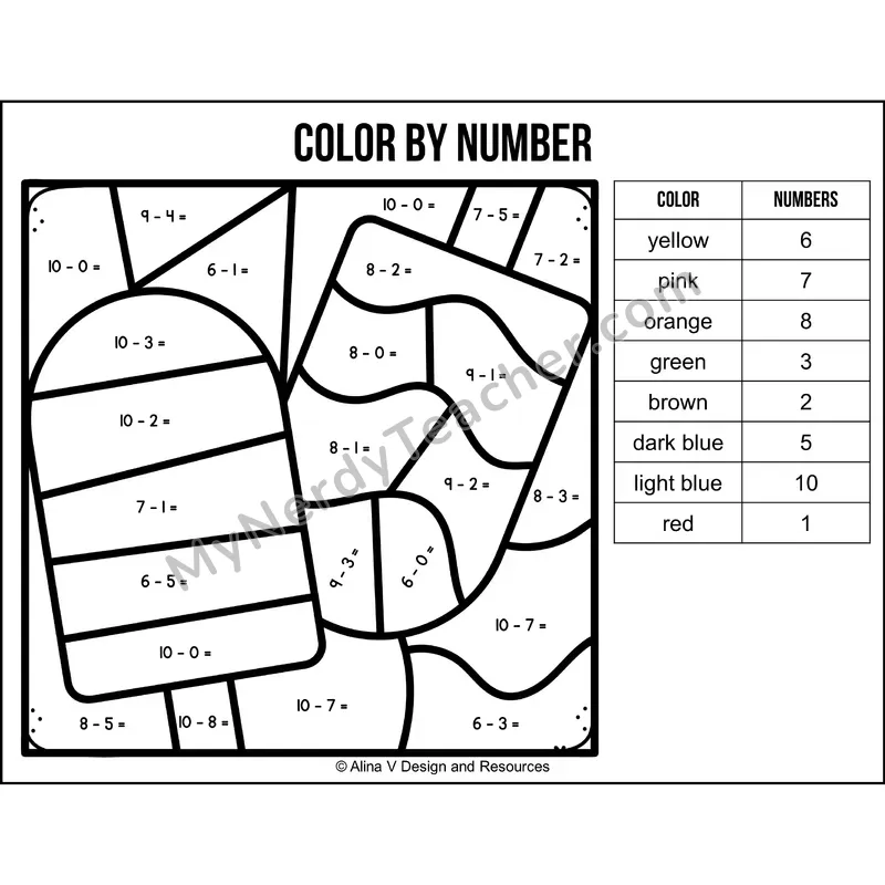 Subtraction Within 10 Color by Number — Summer Mystery Picture 4