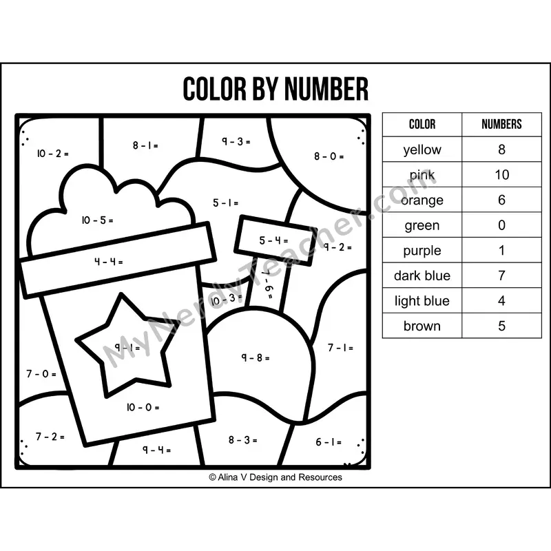 Subtraction Within 10 Color by Number — Summer Mystery Picture 2