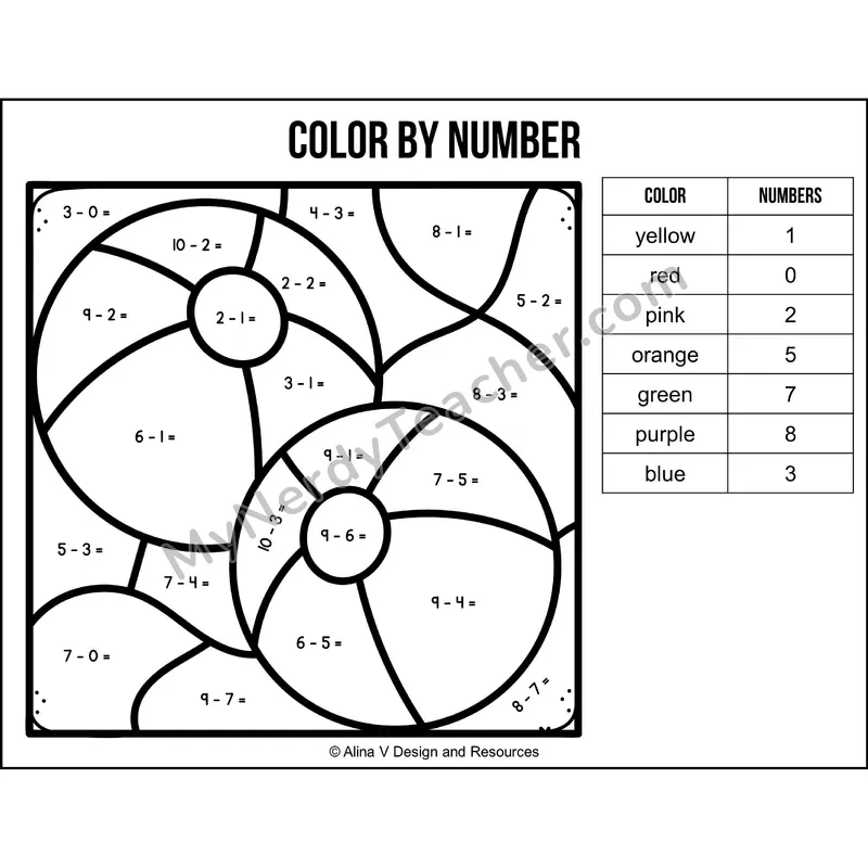 Subtraction Within 10 Color by Number — Summer Mystery Picture 1
