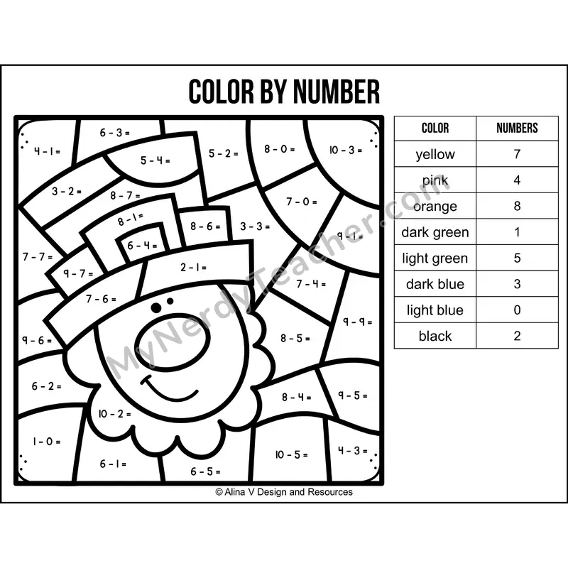 Subtraction Within 10 Color by Number — St. Patrick's Day Mystery Picture 3