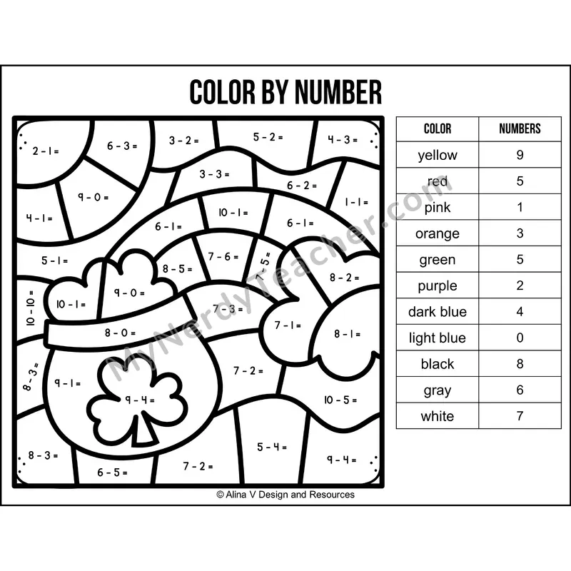 Subtraction Within 10 Color by Number — St. Patrick's Day Mystery Picture 4