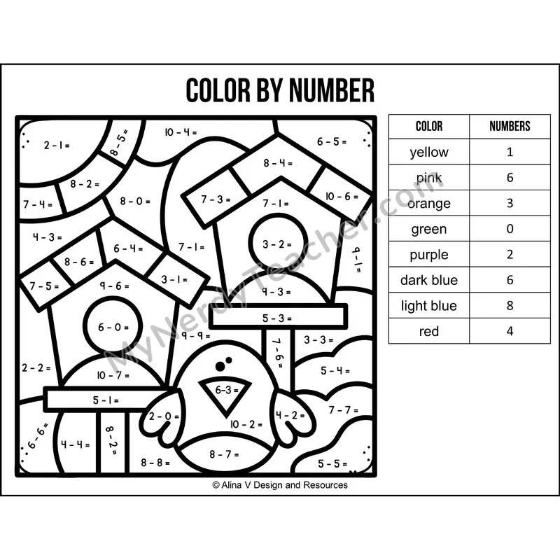 Subtraction Within 10 Color by Number — Spring Mystery Picture 6