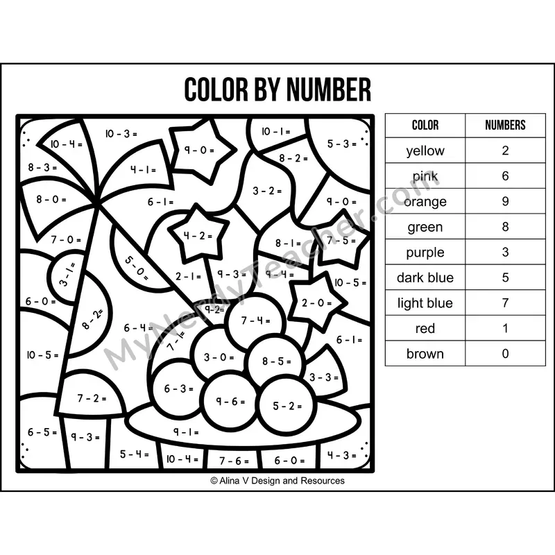 Subtraction Within 10 Color by Number — New Year Mystery Picture 2